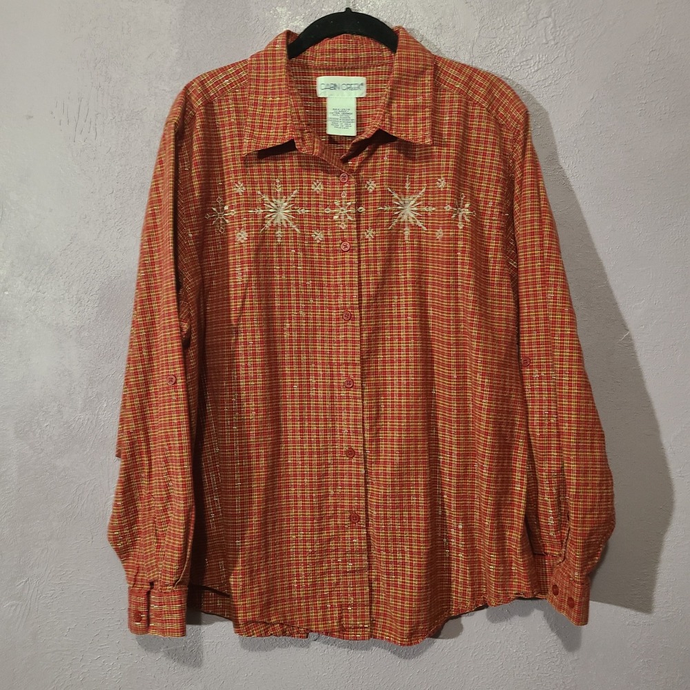 Cabin Creek Plaid‎ Embroidered Button Up Shirt Womens XL Red Gold Snowflakes